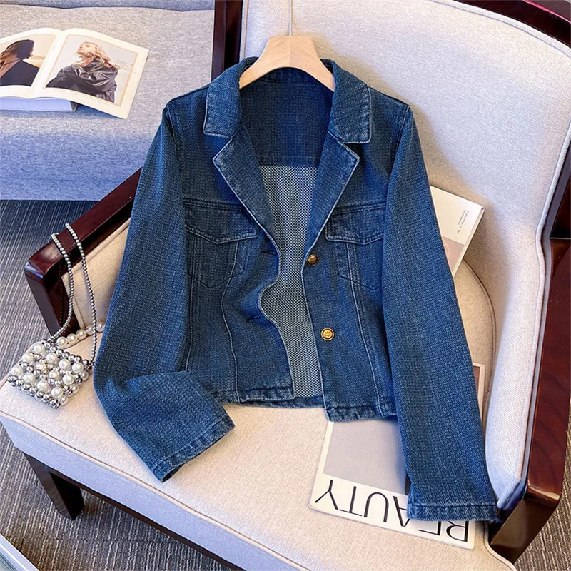 

Винтажные потертые синие тонкие короткие джинсовые куртки женские однобортные с зубчатым воротником с длинным рукавом осенние женские джинсовые куртки пальто