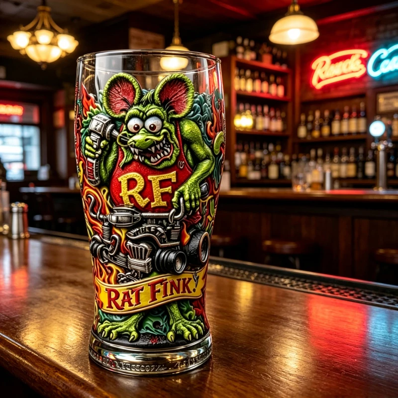 Punk Rock Rat Fink Beer Glass Cup Retro Hot Rod Style Drinkware for Home Bar Collection Ornaments