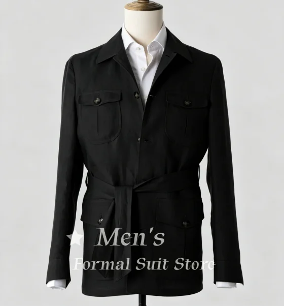 Brown Linen Safari Jacket with Belt Waist Multi Pocket Casual Blazer Wedding Prom Party Dinner Coat Outfits Customized