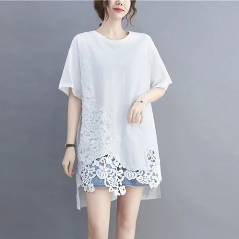 Fashion O-Neck Spliced Lace Hollow Out Irregular Blouses Women's Clothing 2024 Summer New Loose Casual Tops Asymmetrical Shirts