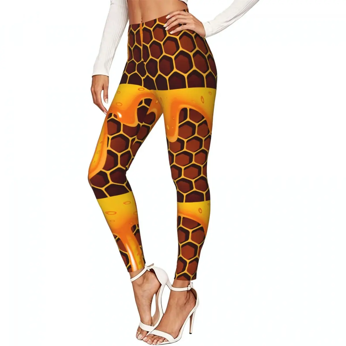 Women Full Length Elastic Leggings High Waist Tight Pants Honey Flowing On Honeycomb Art Casual Bottoms