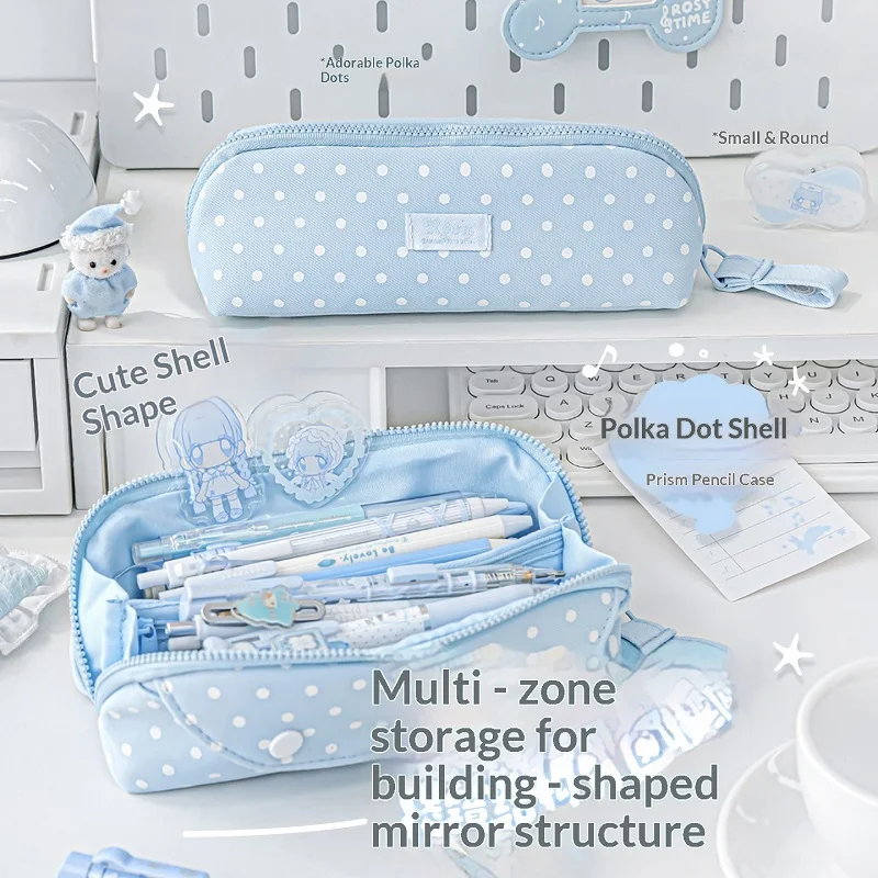 RosyPosy Polka Dot Shell Prism Pencil Case Large Capacity Multi-compartment Stationery Bag Cute Zipper Pen Pouch for Students