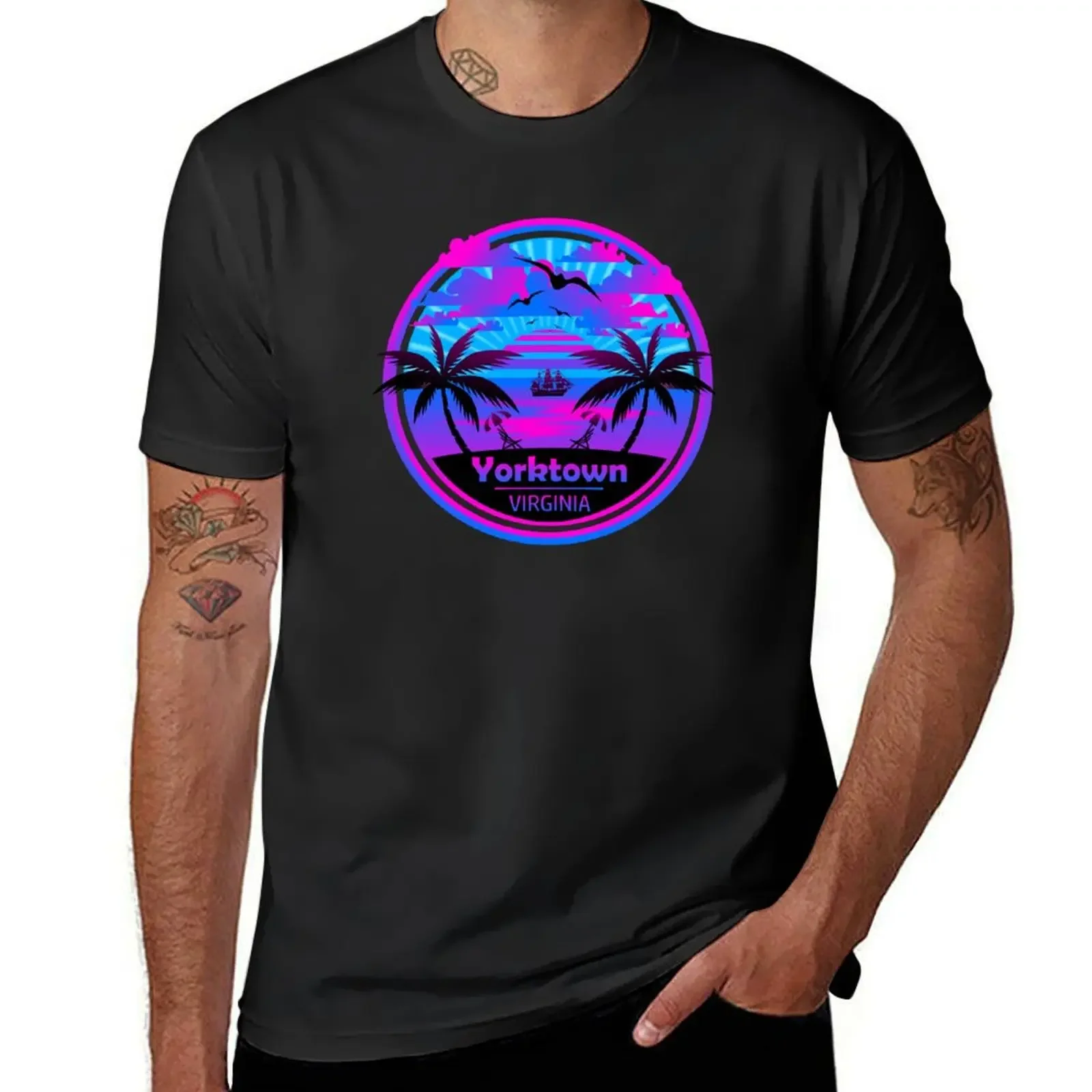 Yorktown Beach, Virginia, Tropical Palm Trees Sunset T-Shirt designer shirts oversized t shirt men