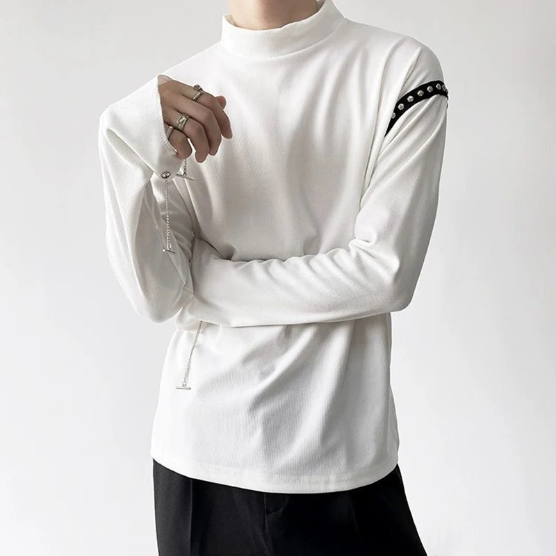 Camiseta Masculina 2026 Nova Tendência Gola Alta Manga Longa com Corrente e Rebites Estilo Streetwear Slim Fit Casual para Uso Diário