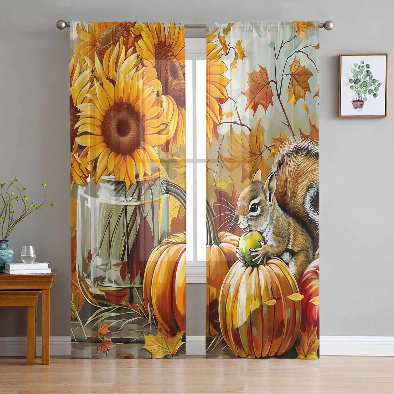 Autumn Pumpkin Sunflower Squirrel Oil Painting Window Tulle Curtains for Living Room Kitchen Window Treatments Voile Curtains