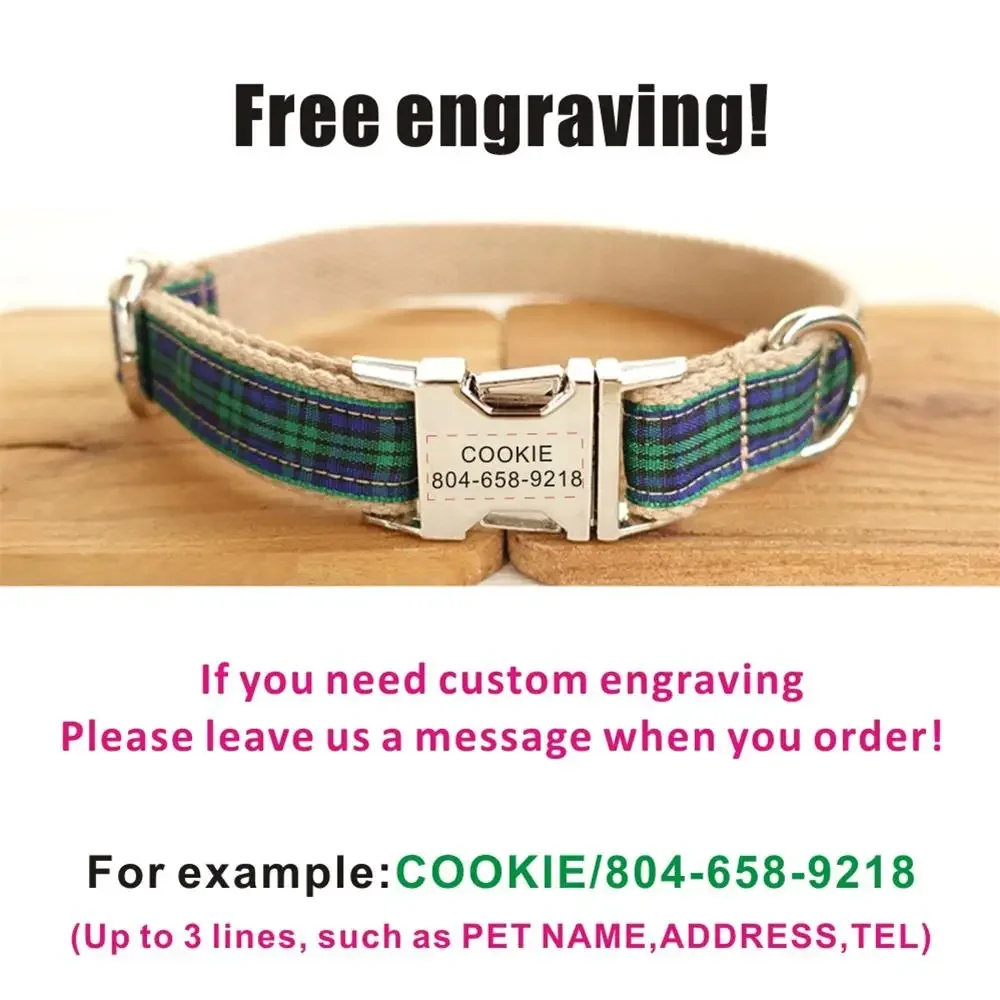 Personalized Dog Collar with Free Engraving, Matching Pet Leash,Customzied Contacts Metal Buckle,Green Plaid Pet Collar