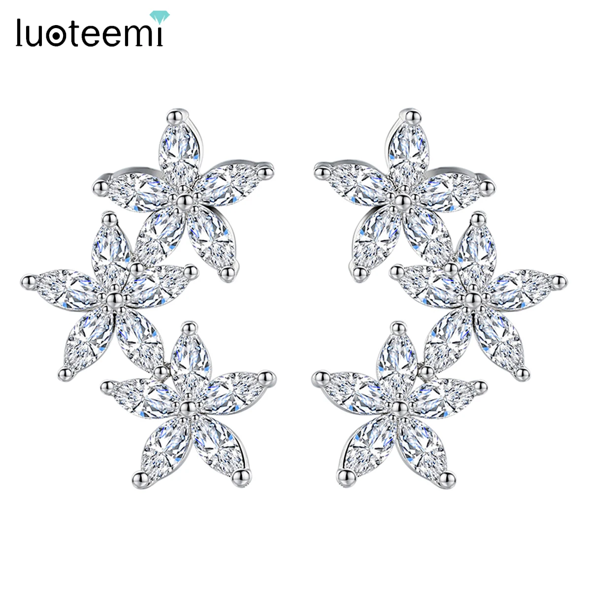 LUOTEEMI Korean Cute Flower Stud Earrings for Child CZ Blossoming Floral Kid Christmas Gift Girl Women Wedding Bride Accessories