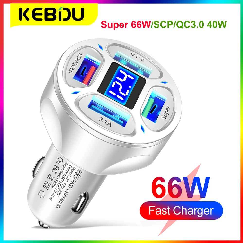 

Kebidu 66W 4 Ports USB Car Fast Charging With Voltage Display Quick Charge 3.0 Cigarette Lighter Plug For iPhone Xiaomi Huawei