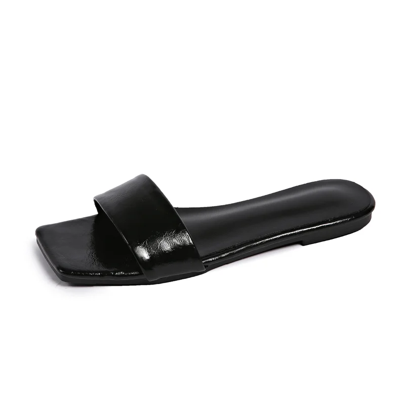 Summer Square Peep Toe Slippers Women Casual Sandals Nordic Slides Shoes Lady Minimalism Genuine Leather Mules Flat Slippers