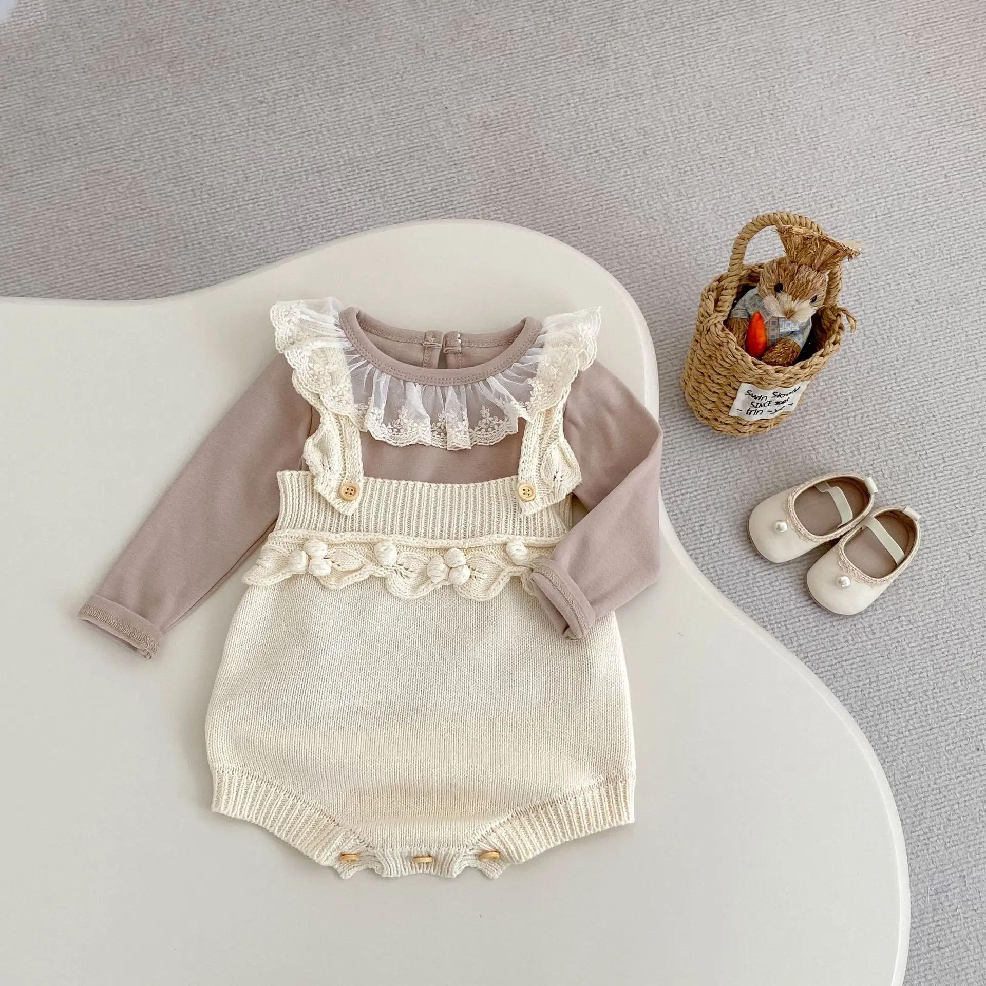 

Autumn 2025 Baby Knitted Romper with Straps Bodysuit Unisex Infant Knit Cute Clothes 0-24 Months Cotton Breathable Comfortable