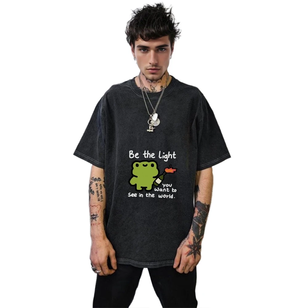 

Unisex Y2K Graphic T Shirt Vintage Washed Frog Be The Light Print Short Sleeve Tee Top Casual Streetwear Loose Oversized Tshirts