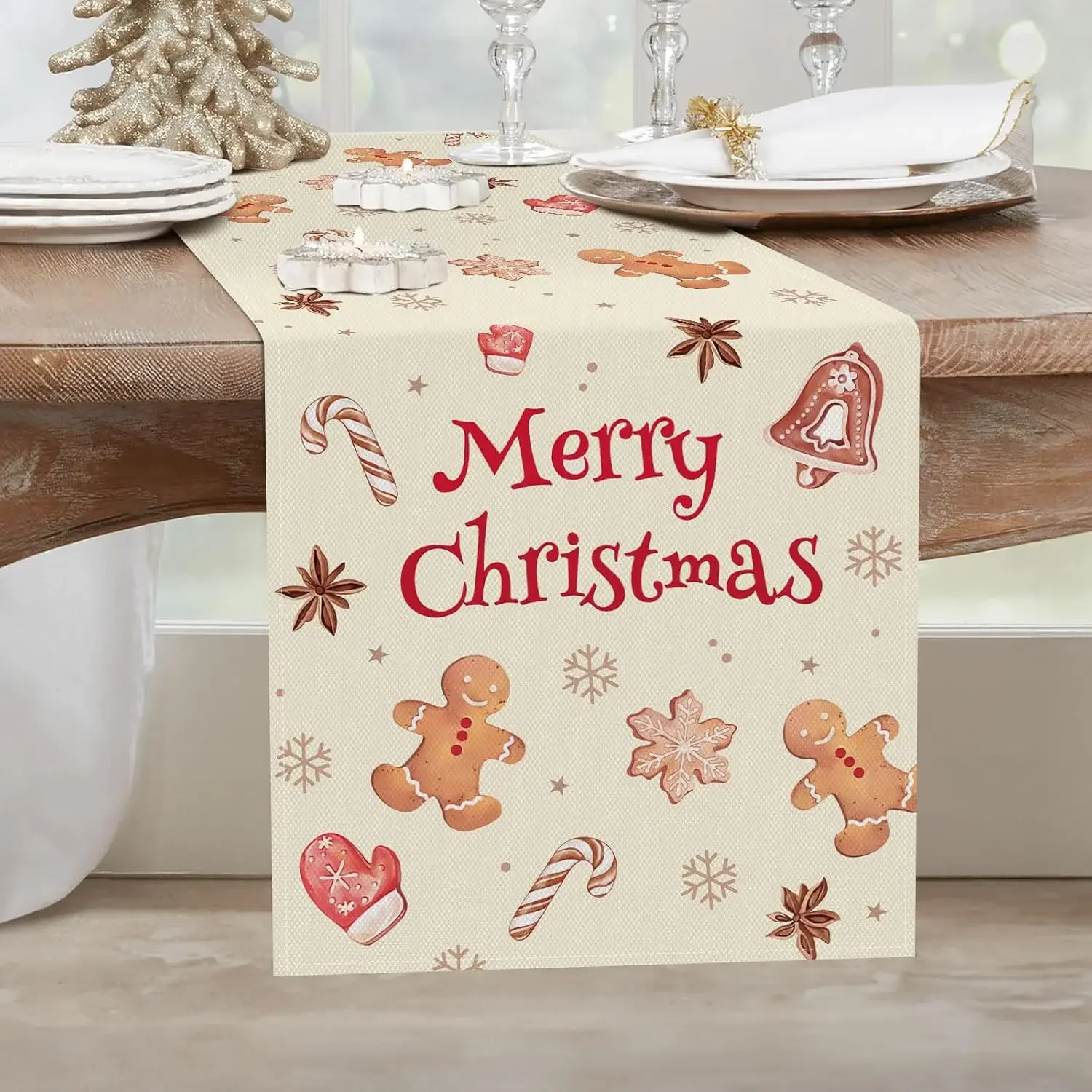 1Pc Festive Holiday Style Table Runner Beige Merry Christmas Text With Gingerbread Man Candy Cane Snowflake Bell Print Table Cov
