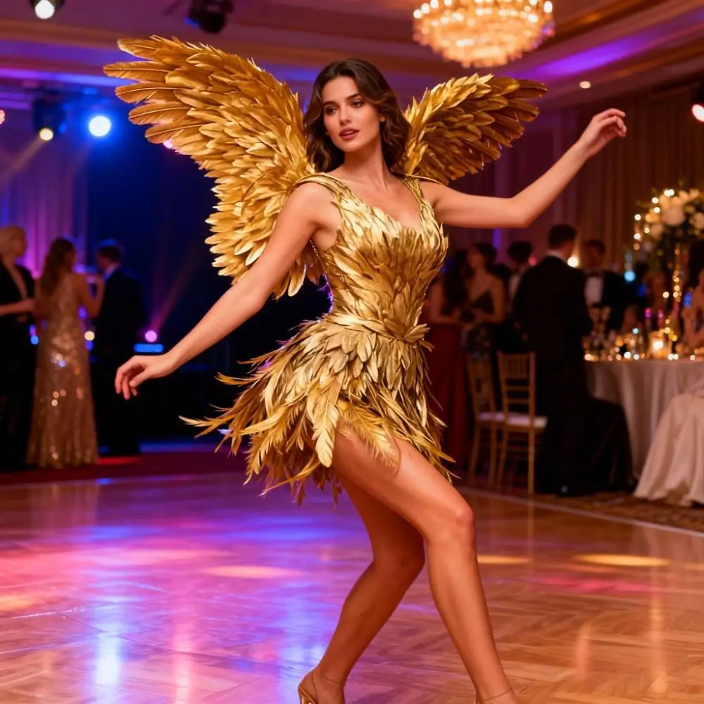 

Women's Angel Cosplay Wings Costume White/Gold Feather Fairy Goddess Outfit for Halloween Christmas Party Wedding Festival