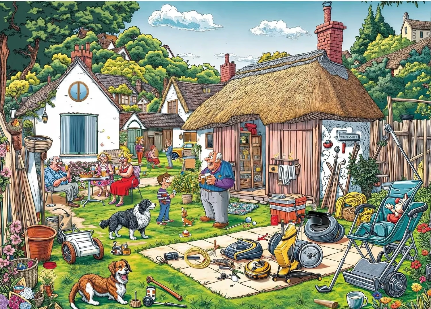 

Cartoon British Country Backyard Jigsaw Puzzle, Thatched Cottage Family Dog Garden Tools Neighbor Village Leisure Wall Decor