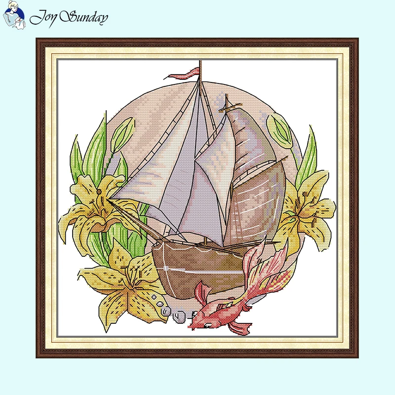 Flower Tour Floral Sailboat Pattern Cross Stitch Kits Aida14ct 16ct 11ct Count Printed DMC Thread Embroidery Set DIY Home Decor