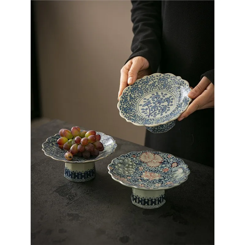 HYS blue and white porcelain fruit plate, living room coffee table, household ceramic refreshment snack plate, high-footed