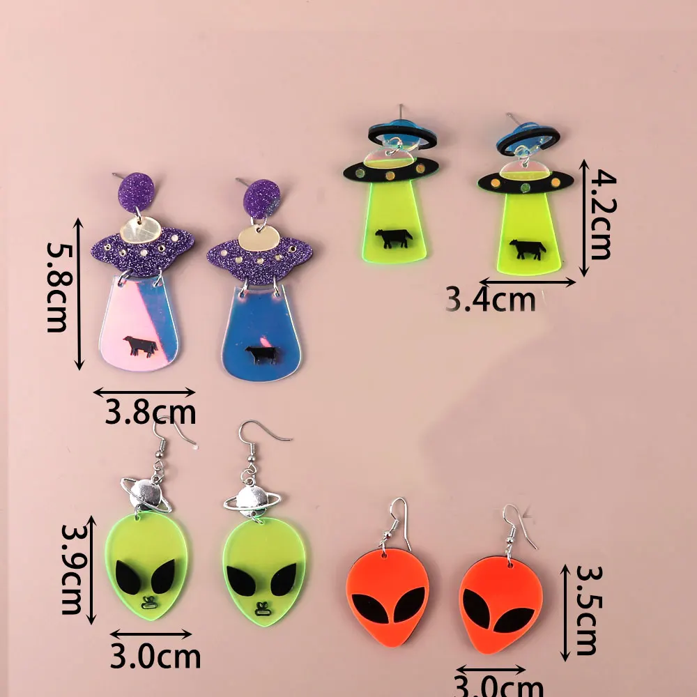 Neon Green Pink Spaceship Alien Acrylic Drop Earrings For Women Geometric Saucerman Fluorescent Dangle Earrings Jewelry Gifts