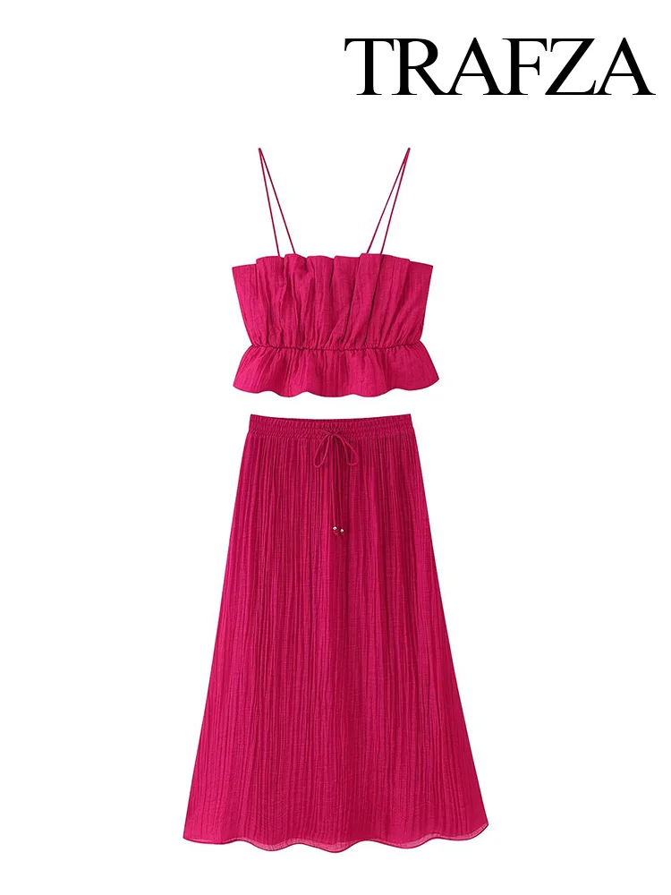 

TRAFZA Women Elegant Sleeveless Backless Pleated Decoration Sling Short Top+Elastic Waist Bow Lace-up Summer Midi Skirt Set