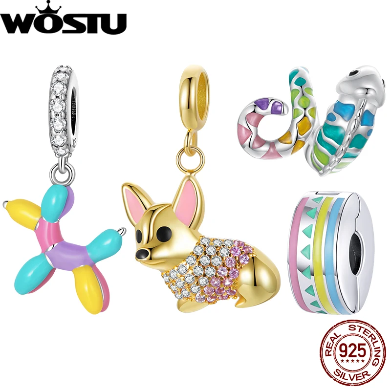 WOSTU 925 Sterling Silver Cute Corgi Dog Pendant Colorful Enamel Chameleon Charm 18K Gold Beads Animal Fit Original Bracelet DIY