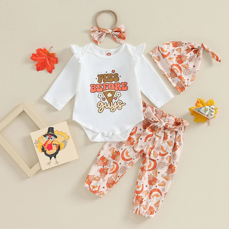 

Baby Girl Thanksgiving Outfit Turkey Print Romper with Long Sleeve Pants Hat and Bow Headband Set for Infants