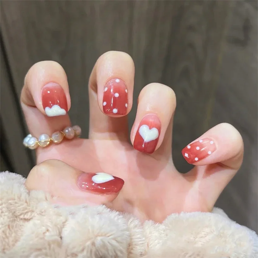 24Pcs/Set Fashion Love Heart Polka Dot Wearing False Nails Removable Short Fresh Press on Nail French Acrylic Fake Nail Tips