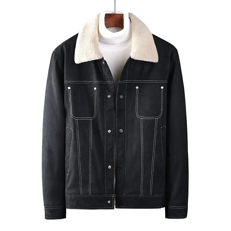 

Men's Workwear Cotton-padded Jacket in Autumn and Winter. Thickened with Fur Collar. Suede Lamb Wool Cotton-padded Jacket Coat.