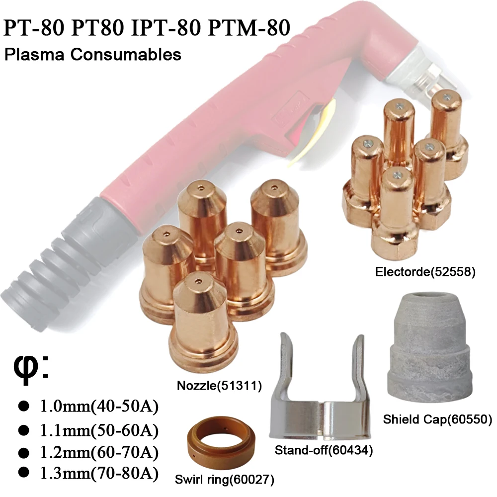 PT80 Electrode 52558 Nozzle 51311 Swirl Ring Shield Cap Stand-off Fit PT-80 IPT-80 PTM-80 Plasma Cutter Torch Consumables