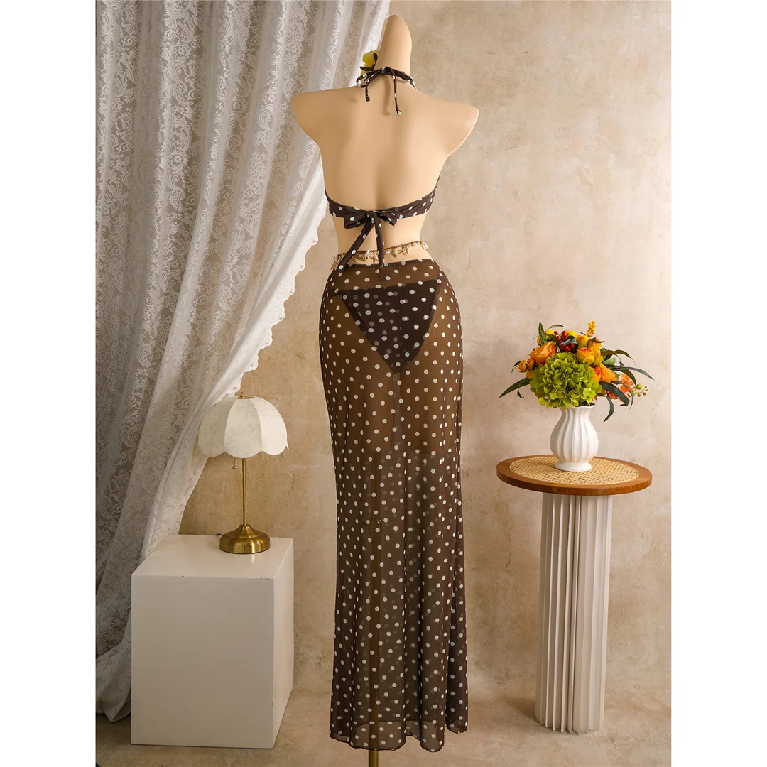 Polka Dots mit Rock, Neckholder-Bikini, Damen-Badebekleidung, dreiteiliges Bikini-Set, Badeanzug, Badebekleidung, Schwimmanzug V8313 – Detail 6