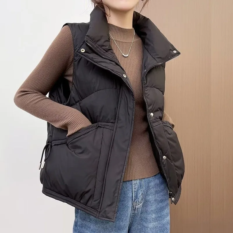 New Women Stand Collar Down Vest Zipper Snap Buttons Side Drawstring Pocket Loose Fit Casual Quilted Winter Sleeveless Gilet