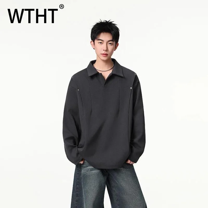 WTHT модные мужские повседневные однотонные футболки со сращенным дизайном, модные осенние футболки 202, топ с отложным воротником в американском стиле Mlae 2A2035
