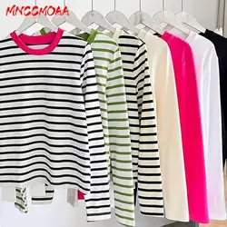 MNCCMOAA Women High Quality 2024 Autumn Winter Basic O Neck Long Sleeve Striped T-Shirt Casual 7-Color Simple Tees Tops Female