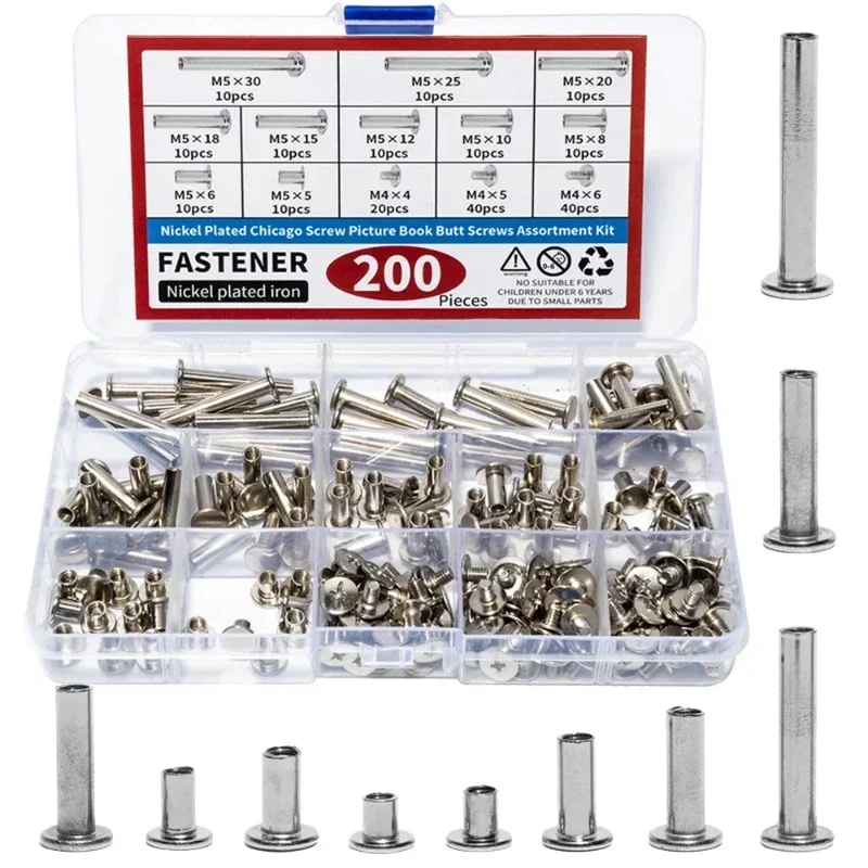 200pcs Chicago Screws Phillips Head Binding Rivets for Leather/Belt/Purse/Bookbinding Fastener Kit