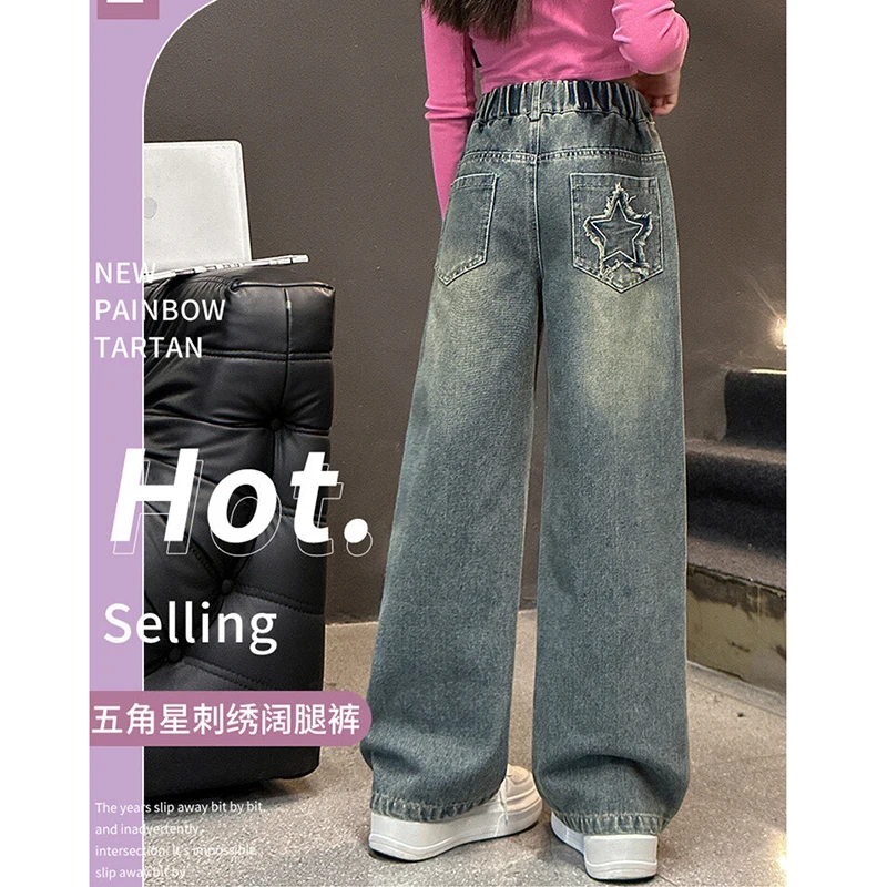 5-14 Jahre Frühling Herbst Mädchen-Jeans, modische Retro- und Vintage-Hose mit fünfzackigem Sternmuster und Stickerei, weit geschnittene Hose für Teenager-Mädchen – Detail 3