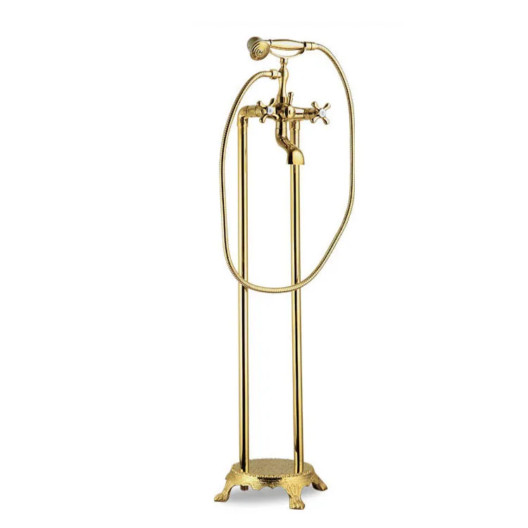 Golden Brass Freestanding Bathtub Faucet Hot Cold Water Floor Mounted Tub Filler for Hotel Wooden Bucket
