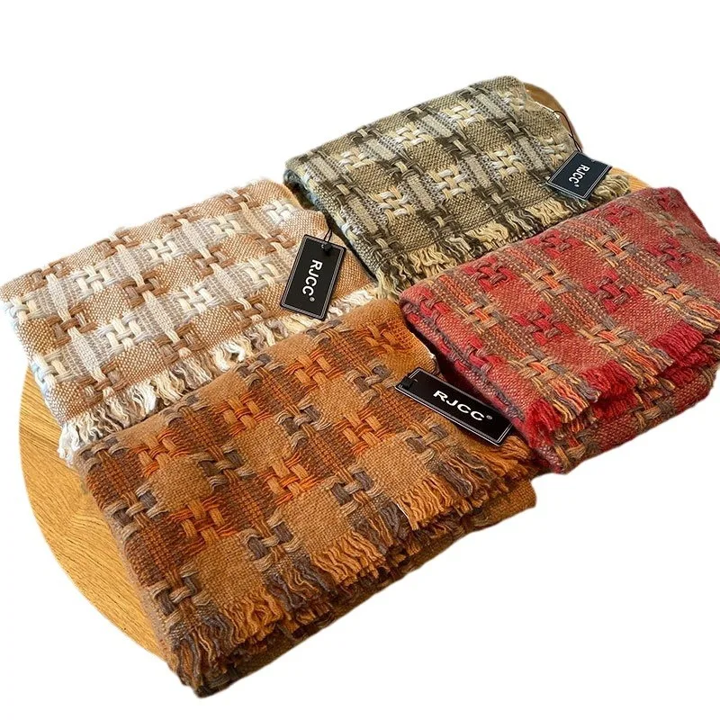 

2024 New 100%Cashmere Scarf autumn winter warm comfortable tassel shawl plaid woven women multi-color thickened scarf