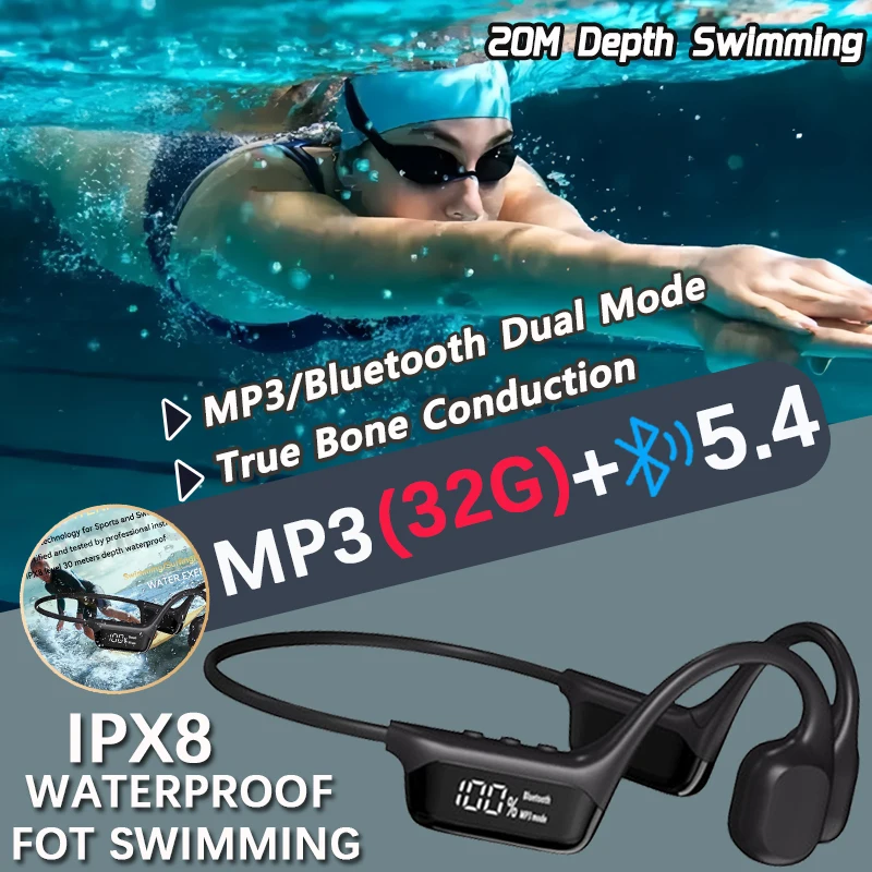 IPX8 Waterproof Swimming Bone Conduction headphone Bluetooth 5.4 Bass Wireless headset MP3 (32G) Player Cycling Fitness Earphone