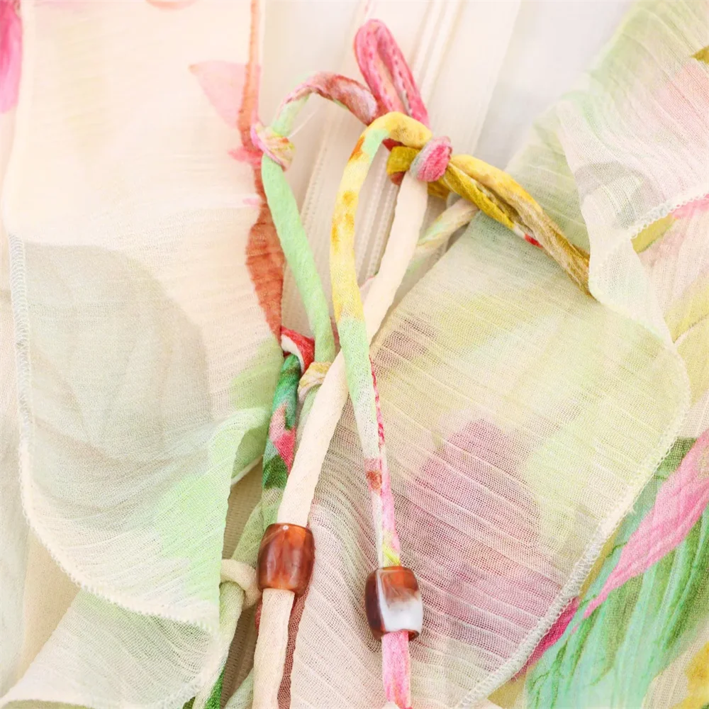 BM&MD&ZA2025vestido decorativo em camadas com decote em V, sem mangas, estampa de flores, design sem cintura, saia linha A, verão, novas roupas femininas