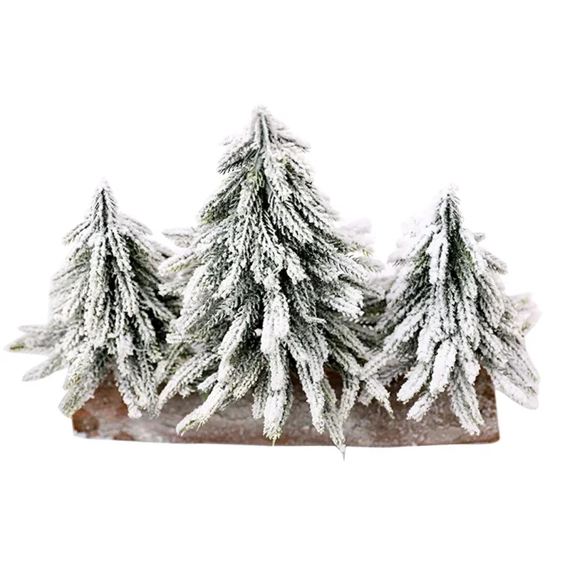 3pc Tabletop Snow Mini Christmas Artificial Tree with Wooden Bases Snow Miniature Pine Xmas Tree Perfect for Home Table Decor