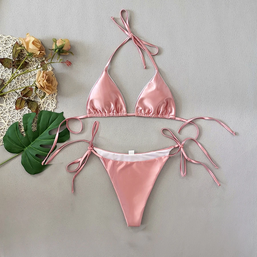 

Solid Pink Satin String Halter Micro Bikini Thong 2025 Sexy Swimsuit Women Mini Swimwear Triangle Bikinis Sets De Mujer Bather