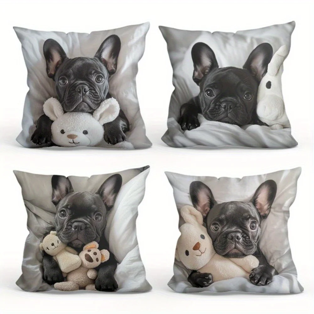 1/4pcs French Bulldog Patterned Pillowcases with Cute Teddy Bears Sofa cushion cover home bedroom room decoration