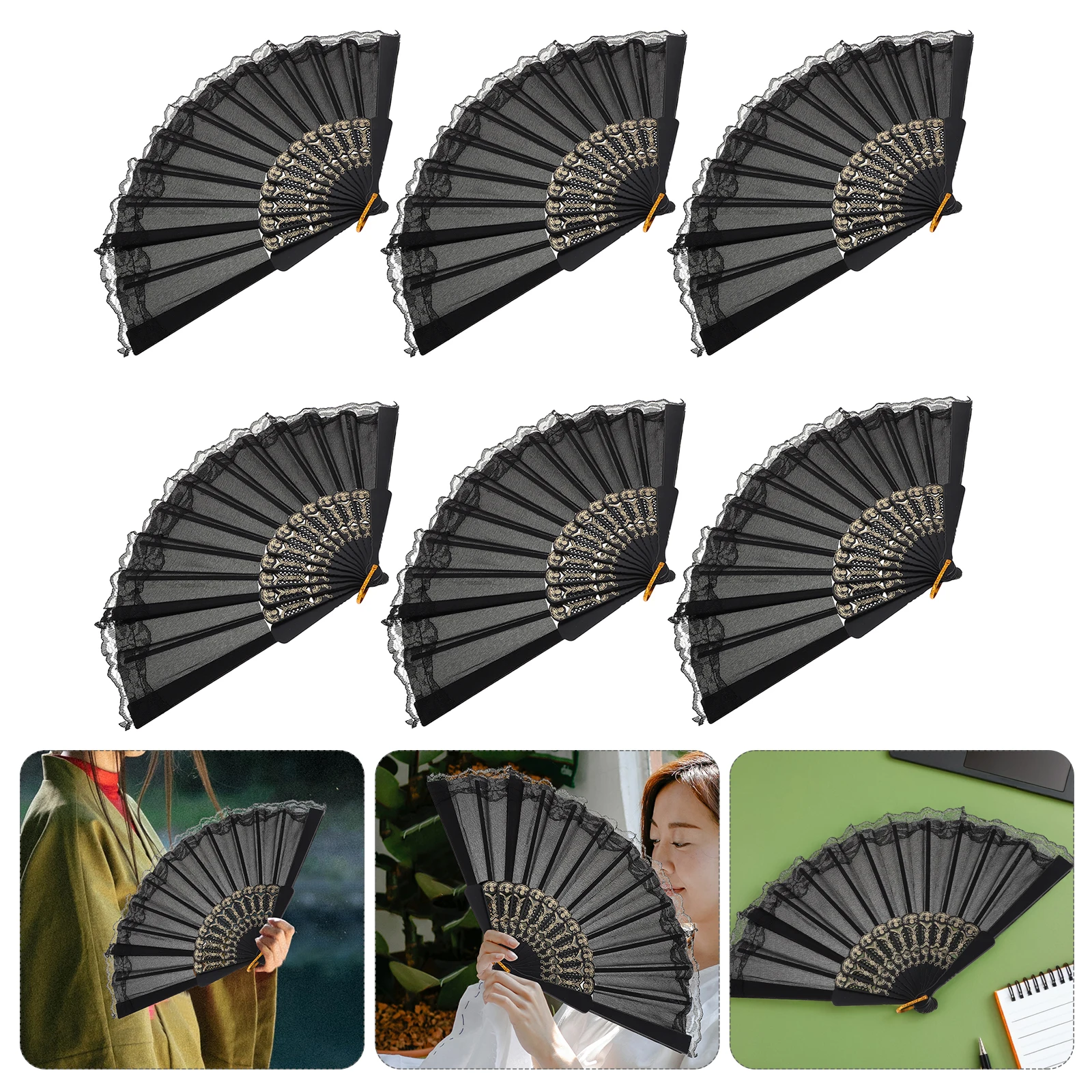

6pcs Vintage Lace Folding Fans For Women Handheld Chinese Lolita Style Plastic Fan Set With Black Retro Design Dance Party