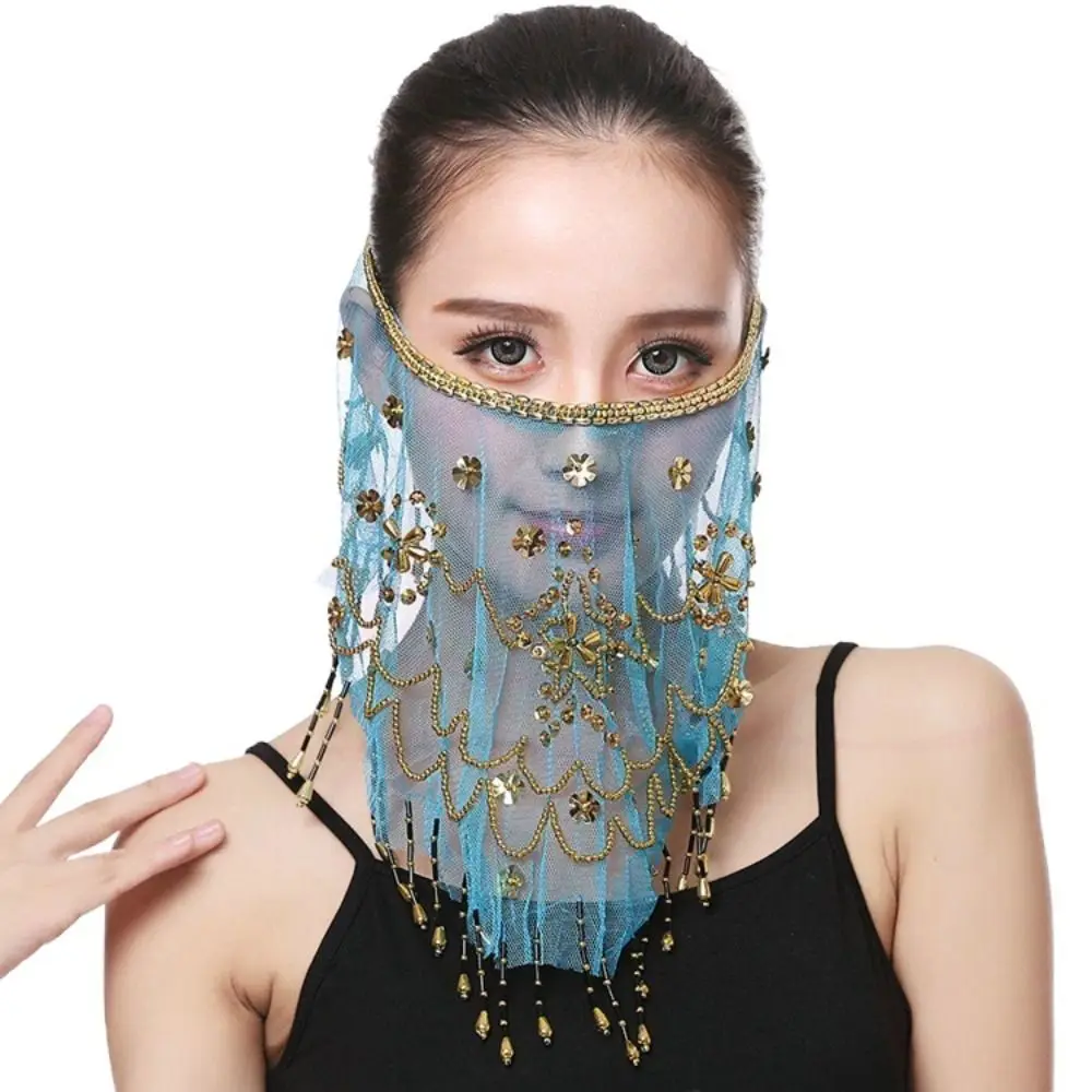 Seeblaue Farbe Maskerade-Party Tanzparty Indischer Bauchtanz-Schleier Kostüme Netz-Gesichtsschleier Bauchtanz-Schleier Gesichtsschleier – Detail 5