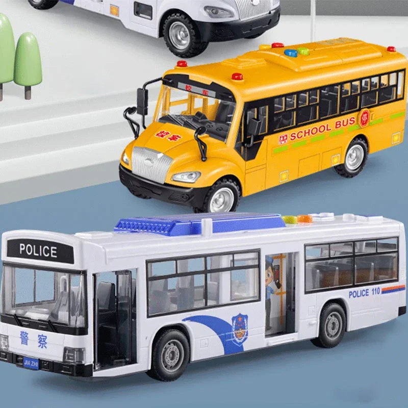 Simulated Police Model Pull Back Car Model Bus Vehicle Model Police Truck Children's Toy Car with Light and Sound Birthday Gifts