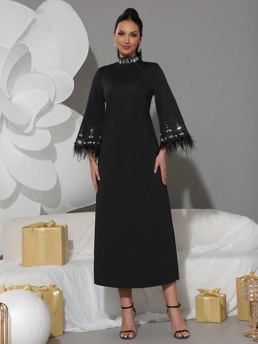 

Female Stand Collar Formal Crystal Feather Slim Dress 2025 New Flared Sleeves Fashion High Waisted Midi Dresses