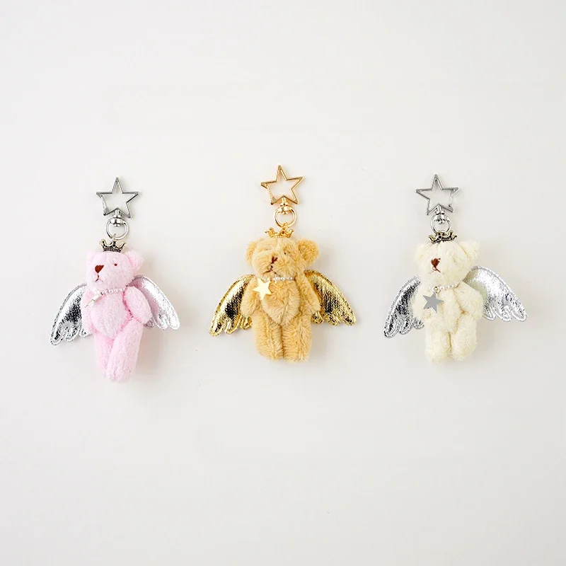 Creative Cute Angel Winged Bear 3 Colors Animals Soft Stuffed Plush Kawaii Backpack Decoration Keychain Birthday Gifts for Girls