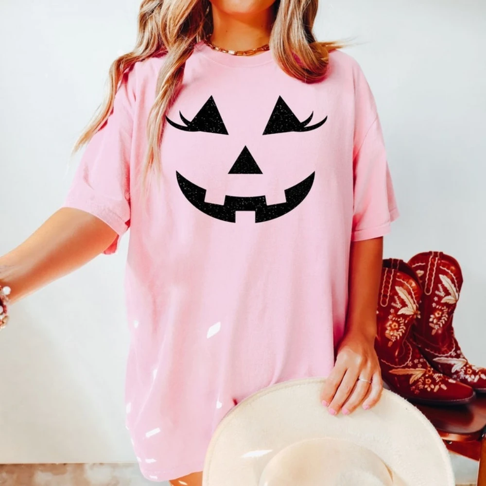 Glitter Jack O Lantern Pumpkin Face Halloween Costume Matching Family Tshirt Cute Pumpkin Shirt Women Men Girl Casual Clothing