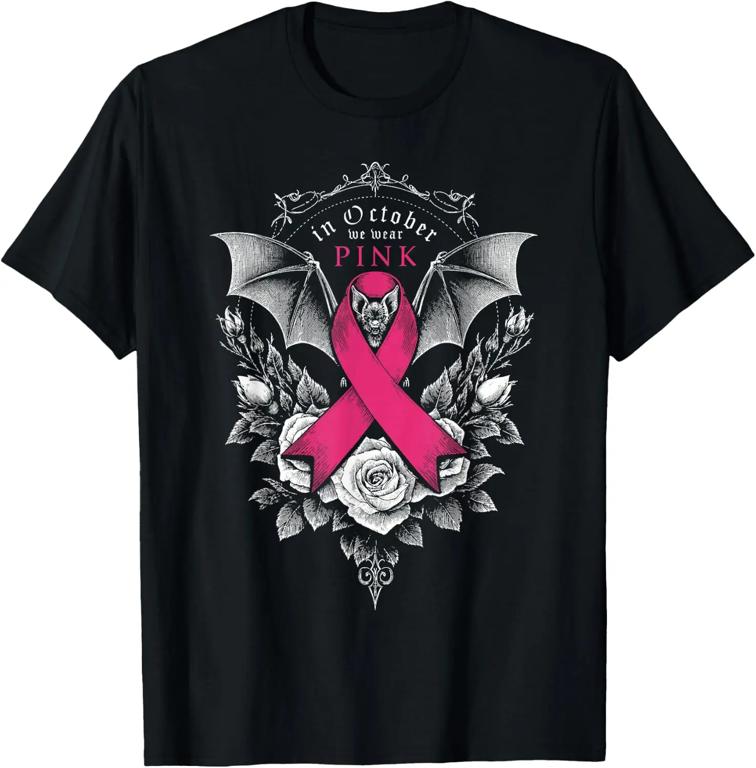 In October We Wear Pink Bat Ribbon Gothic Rose Graphic T-Shirt Vintage Style Graphic T‑Shirt, Retro Tee, 100% Cotton Soft Lightweight Crew Neck Unisex Casual Short Sleeve Tops For Men Women Daily Wear