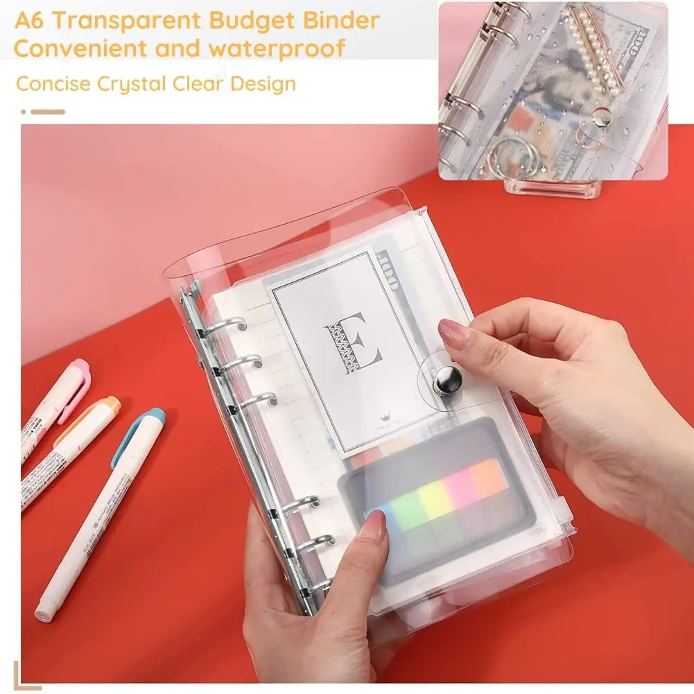 A6 Budget Binder Waterproof Cash Budget Envelope System With 12Pcs Zipper Envelopes 12Pcs Budget Sheet and 16Pcs Label Stickers