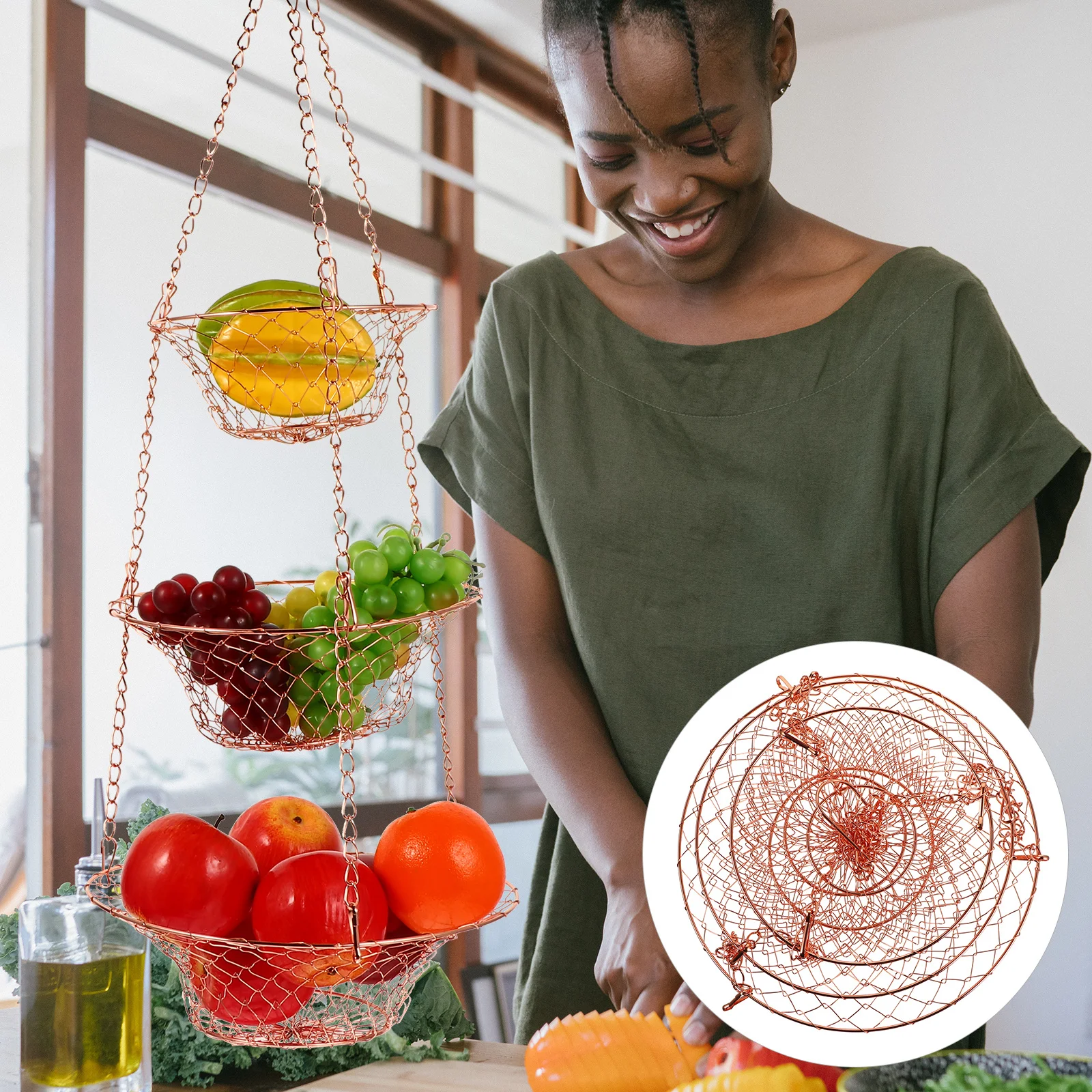 

1 set Flower Wire Fruit Hanging For Fruit Kitchen Hanging Basket Storage Organizer Vegetable Drain Flower Basket