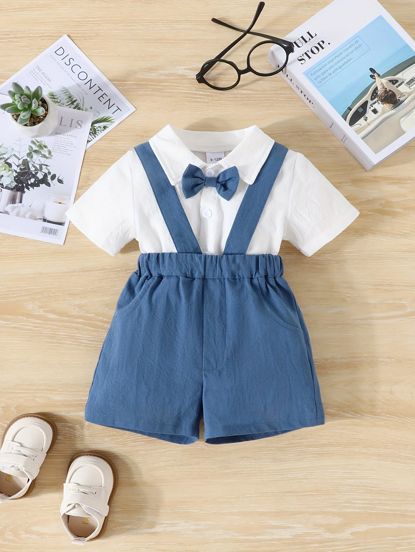 2 Piece Summer Baby Boy White Short Sleeve Bow Tie + Blue Back Strap Shorts Preppy Suit School Casual Show Suit Gentleman Suit